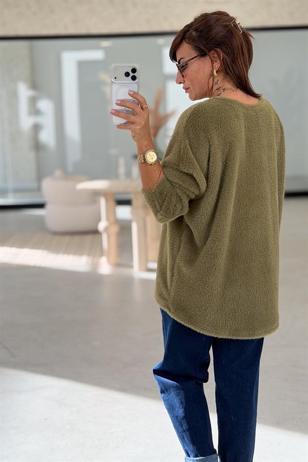 Yuvarlak Yaka Peluş Kazak Asit Renk