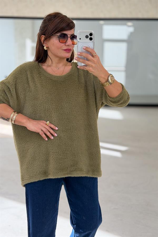 Yuvarlak Yaka Peluş Kazak Asit Renk