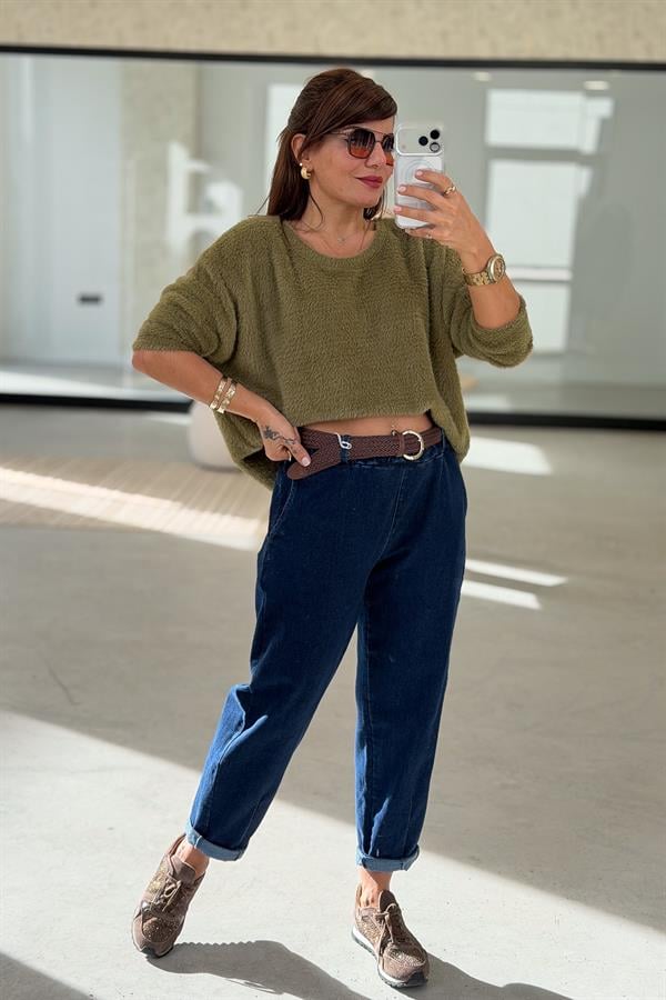 Yuvarlak Yaka Peluş Kazak Asit Renk