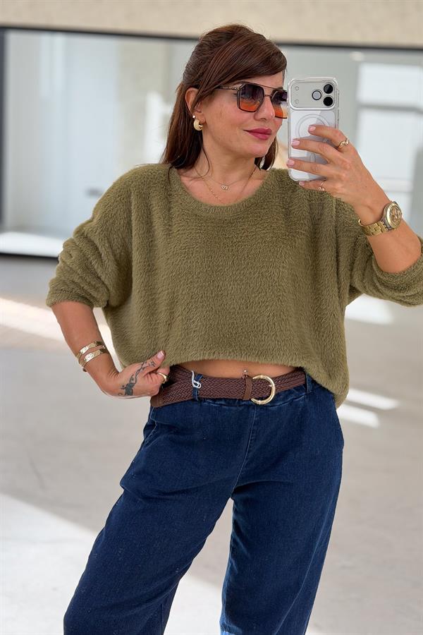 Yuvarlak Yaka Peluş Kazak Asit Renk