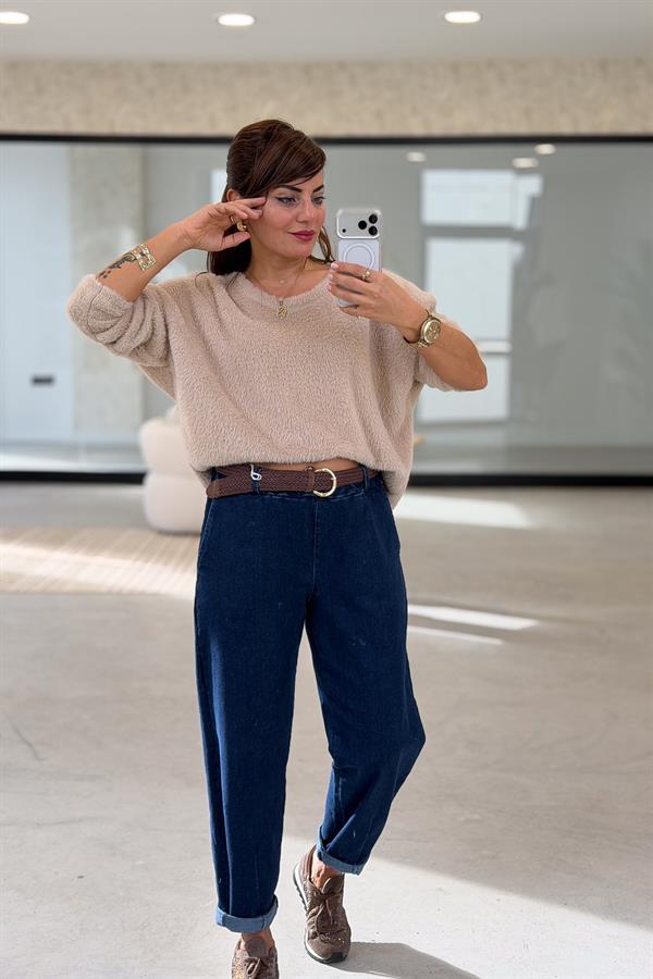 Yuvarlak Yaka Peluş Kazak Bej Renk