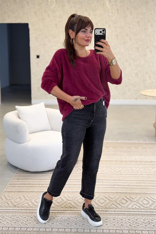 Yuvarlak Yaka Peluş Kazak Bordo Renk