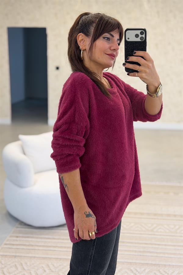 Yuvarlak Yaka Peluş Kazak Bordo Renk