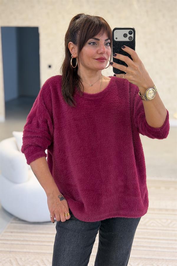 Yuvarlak Yaka Peluş Kazak Bordo Renk