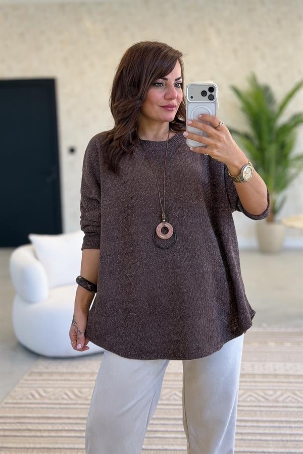 Yuvarlak Yaka Simli Kadife Bluz Acı Kahve Renk