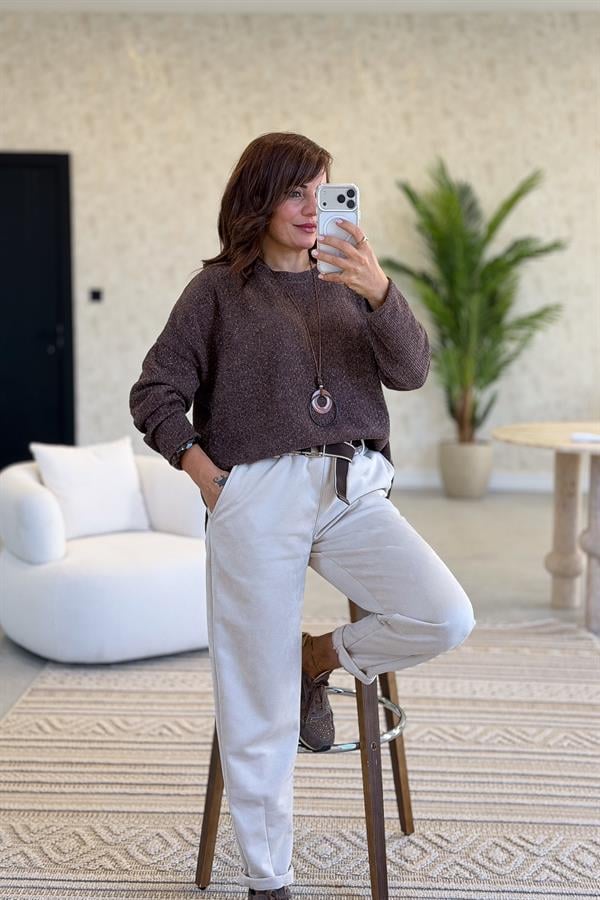 Yuvarlak Yaka Simli Kadife Bluz Acı Kahve Renk