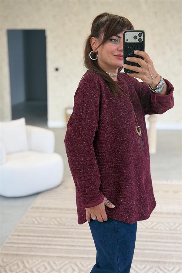 Yuvarlak Yaka Simli Kadife Bluz Bordo Renk