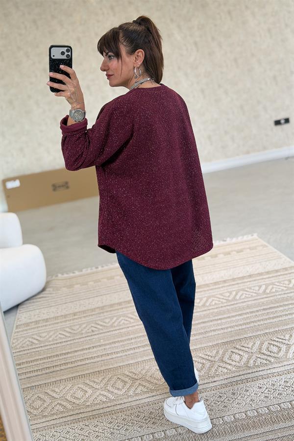 Yuvarlak Yaka Simli Kadife Bluz Bordo Renk