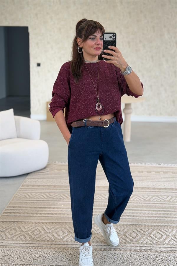 Yuvarlak Yaka Simli Kadife Bluz Bordo Renk