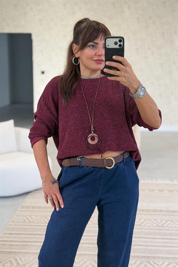 Yuvarlak Yaka Simli Kadife Bluz Bordo Renk