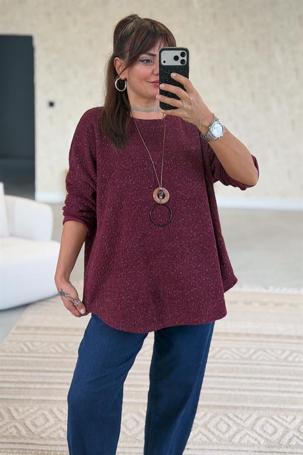 Yuvarlak Yaka Simli Kadife Bluz Bordo Renk