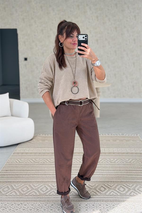 Yuvarlak Yaka Simli Kadife Bluz Camel Renk