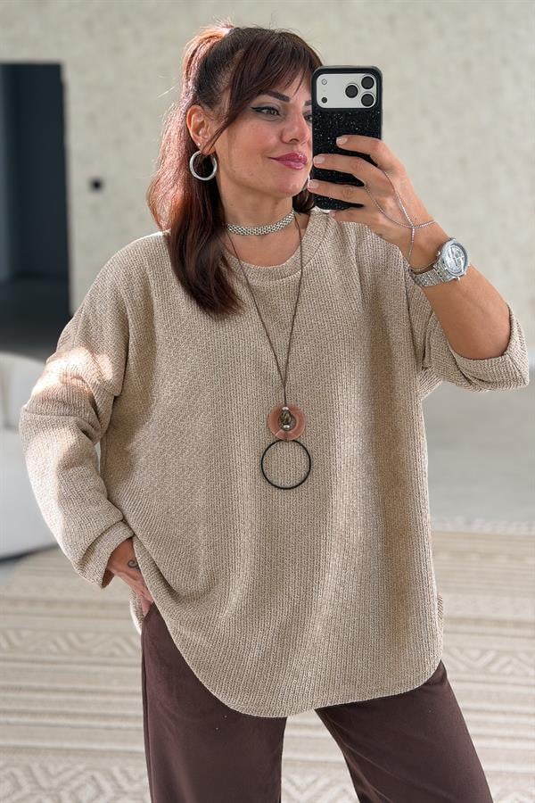 Yuvarlak Yaka Simli Kadife Bluz Camel Renk