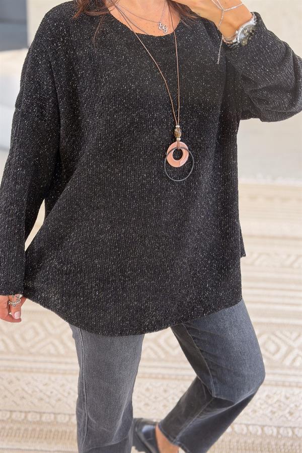 Yuvarlak Yaka Simli Kadife Bluz Siyah Renk