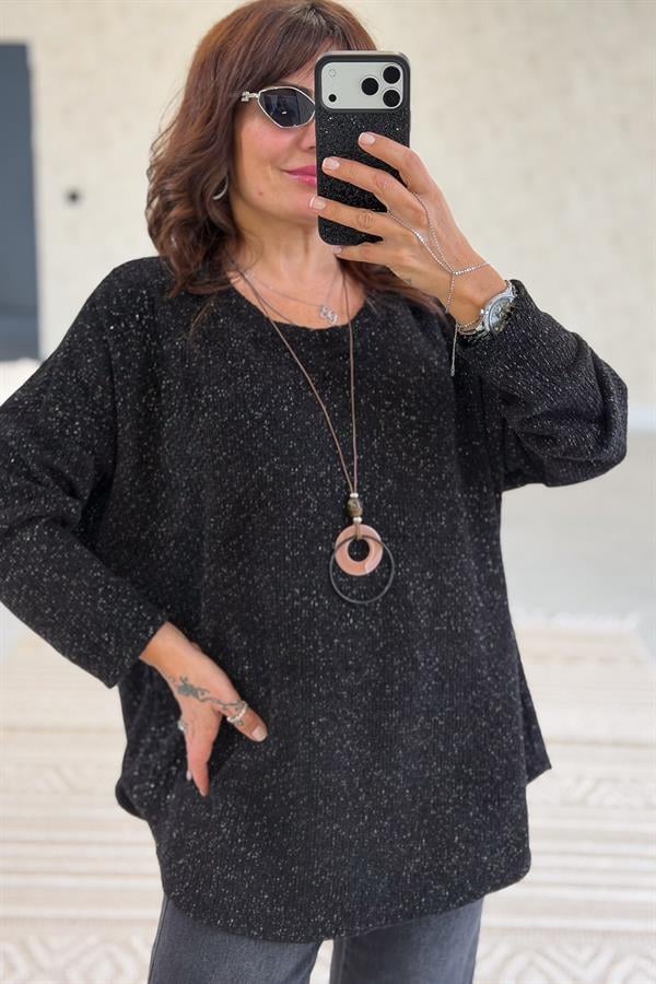 Yuvarlak Yaka Simli Kadife Bluz Siyah Renk