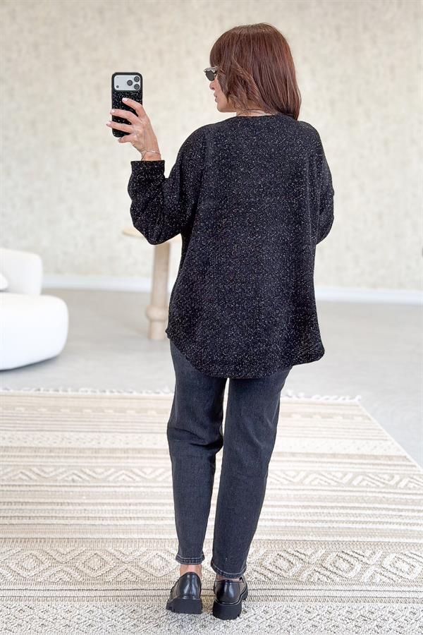 Yuvarlak Yaka Simli Kadife Bluz Siyah Renk