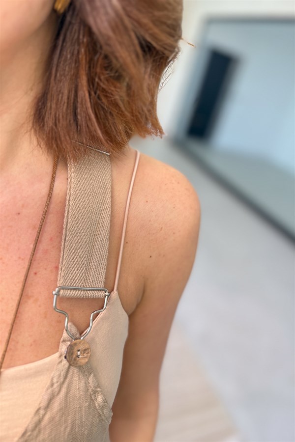 Yüzücü Modelli Keten Tulum Cappıcıno Renk