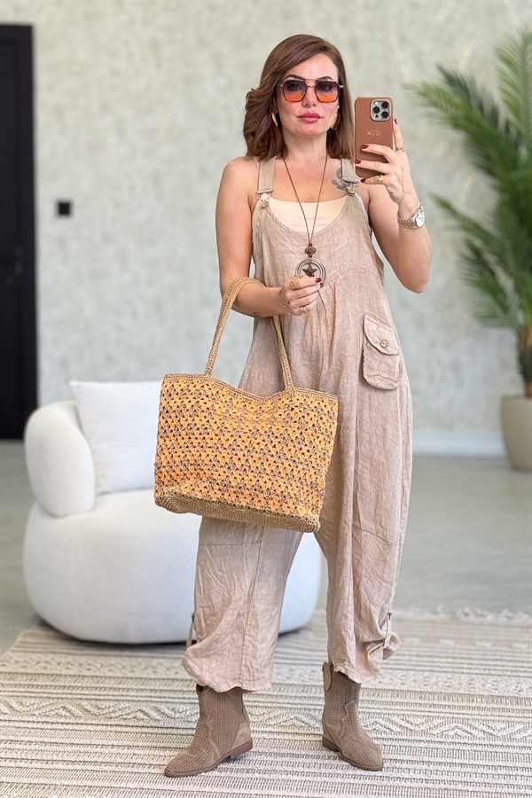 Yüzücü Modelli Keten Tulum Cappıcıno Renk