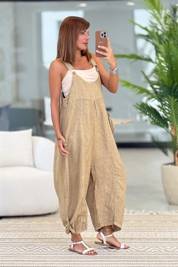 Yüzücü Modelli Keten Tulum Cappıcıno Renk
