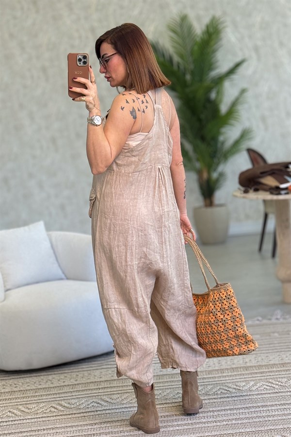 Yüzücü Modelli Keten Tulum Cappıcıno Renk