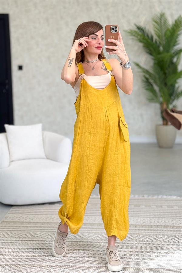 Yüzücü Modelli Keten Tulum Hardal Renk