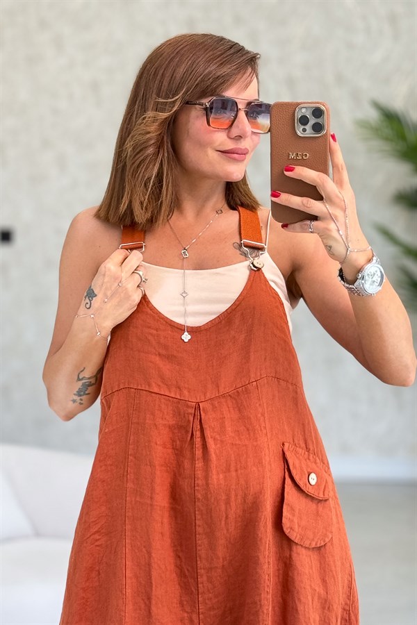 Yüzücü Modelli Keten Tulum Kiremit Renk