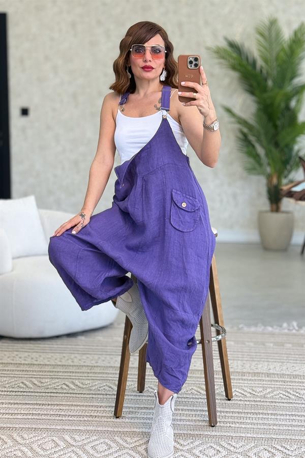 Yüzücü Modelli Keten Tulum Mor Renk