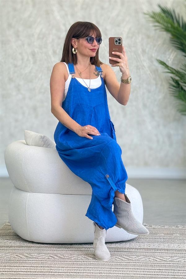 Yüzücü Modelli Keten Tulum Saks Renk