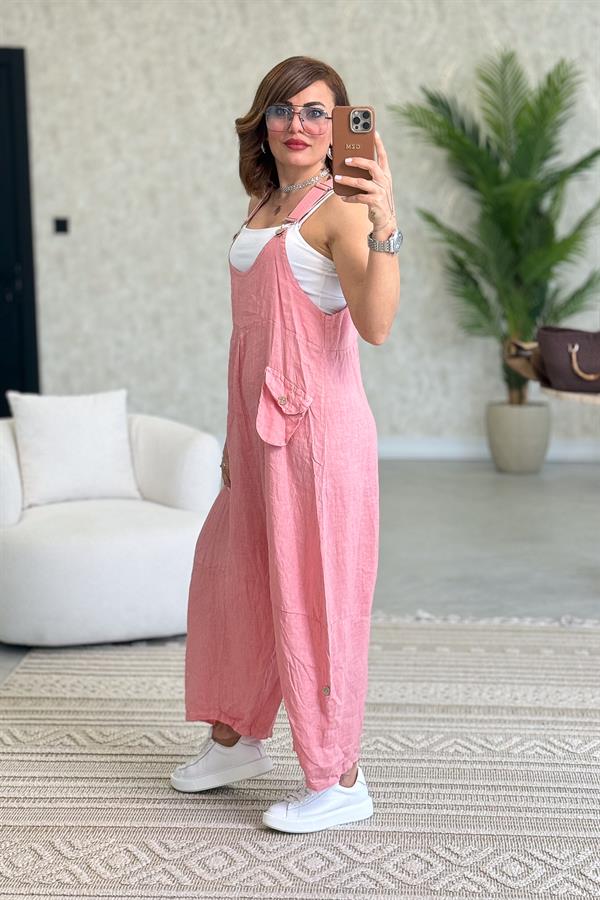Yüzücü Modelli Keten Tulum Şeker Pembe Renk