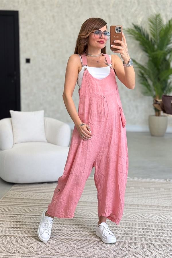 Yüzücü Modelli Keten Tulum Şeker Pembe Renk