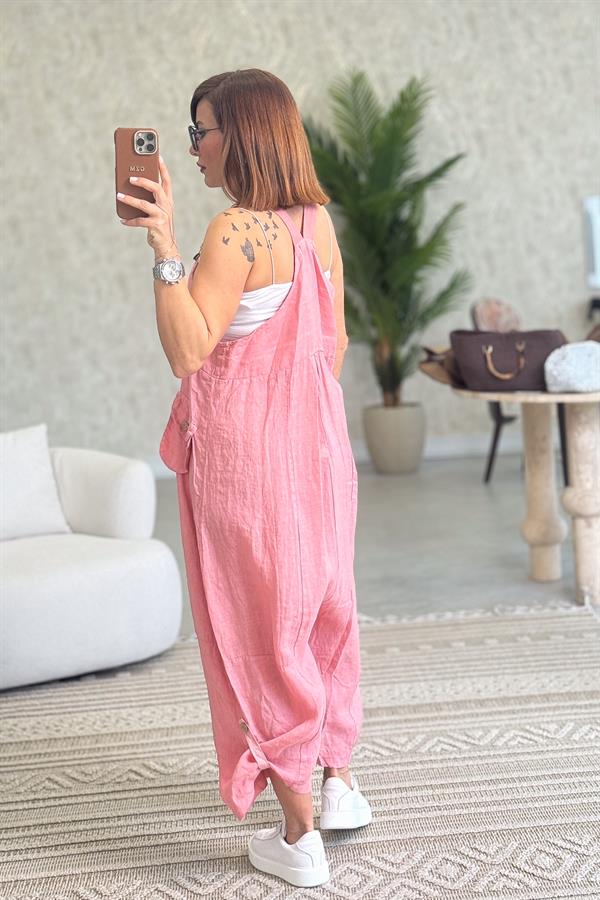 Yüzücü Modelli Keten Tulum Şeker Pembe Renk