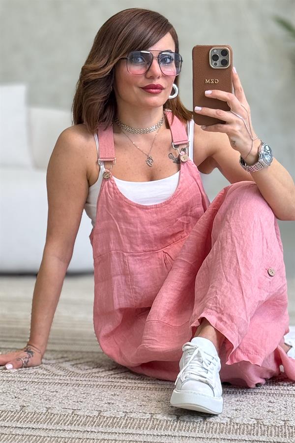 Yüzücü Modelli Keten Tulum Şeker Pembe Renk