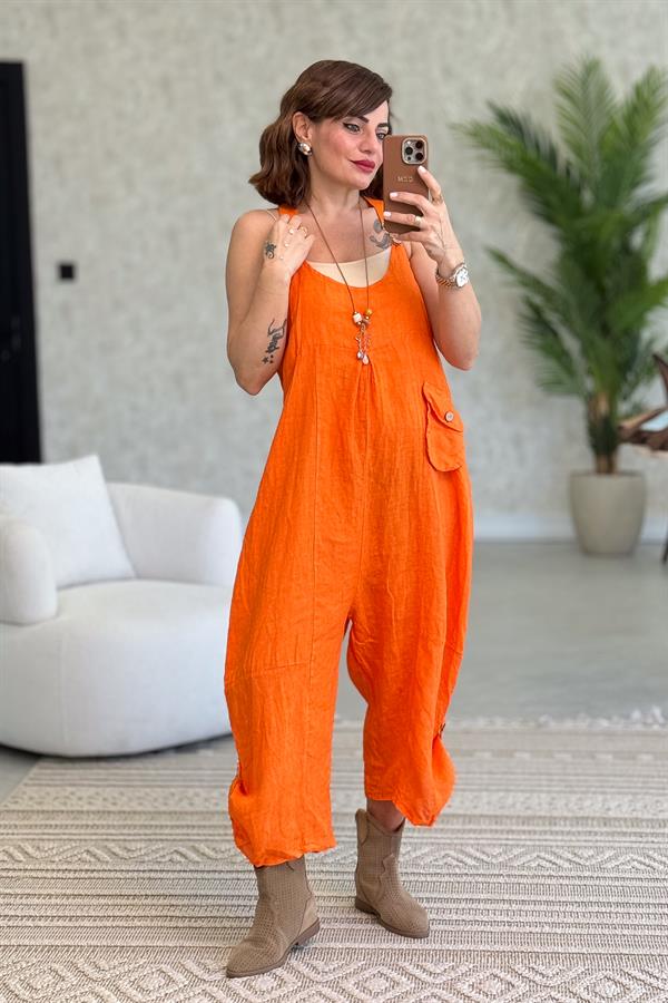 Yüzücü Modelli Keten Tulum Turuncu Renk