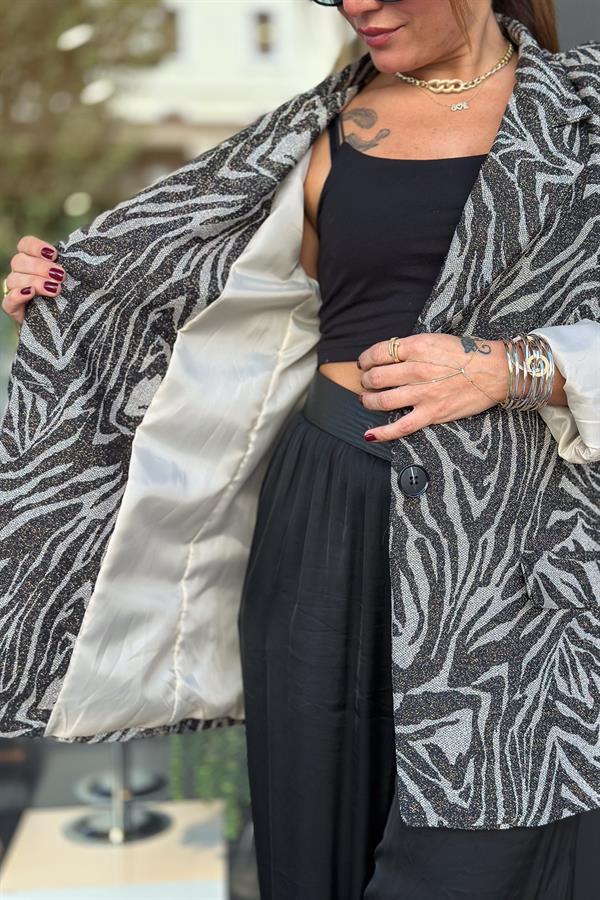 Zebra Desen Simli Kumaş Blazer Ceket Bej Renk