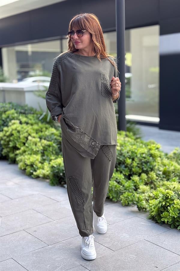 Zebra Kemerli File Detaylı Alt Üst Takım Haki Renk