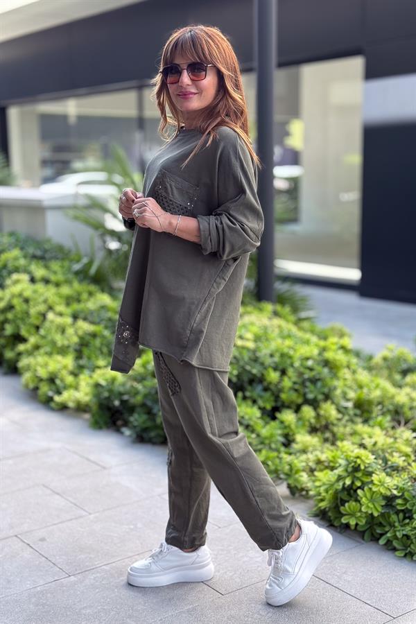 Zebra Kemerli File Detaylı Alt Üst Takım Haki Renk