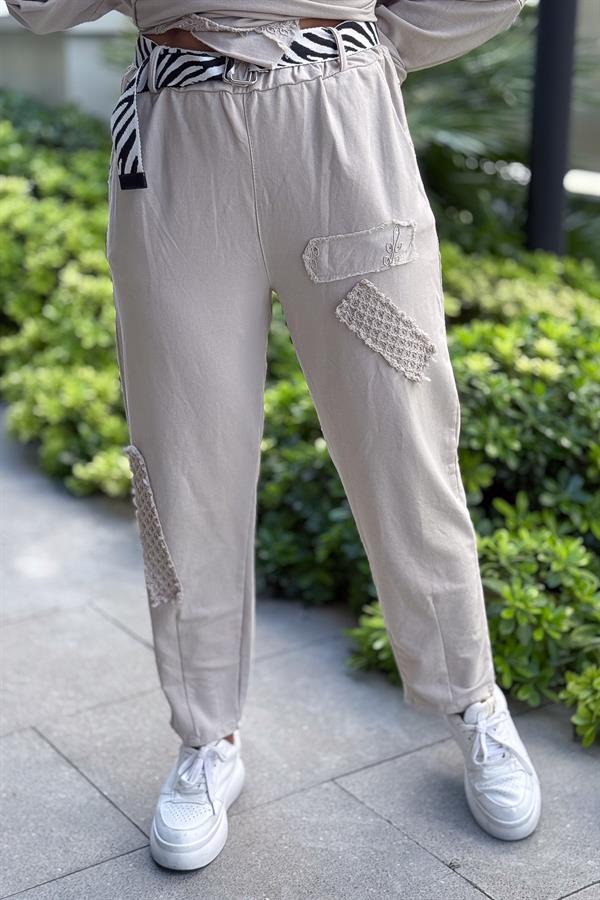 Zebra Kemerli File Detaylı Alt Üst Takım Bej Renk