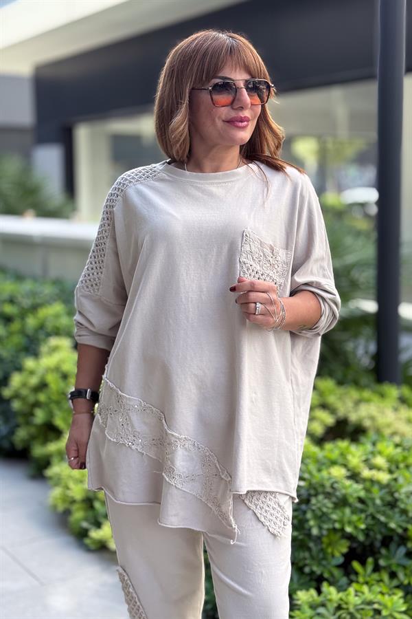 Zebra Kemerli File Detaylı Alt Üst Takım Bej Renk