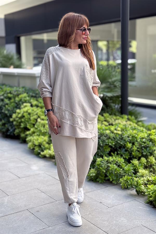 Zebra Kemerli File Detaylı Alt Üst Takım Bej Renk