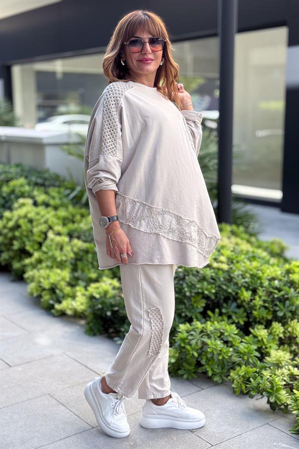 Zebra Kemerli File Detaylı Alt Üst Takım Bej Renk