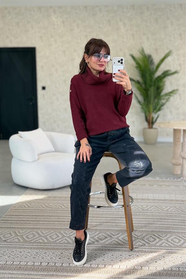 Zımba Detaylı Degaje Yaka Kazak Bordo Renk