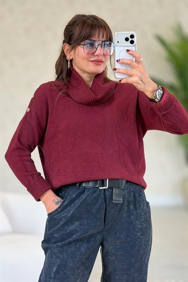 Zımba Detaylı Degaje Yaka Kazak Bordo Renk