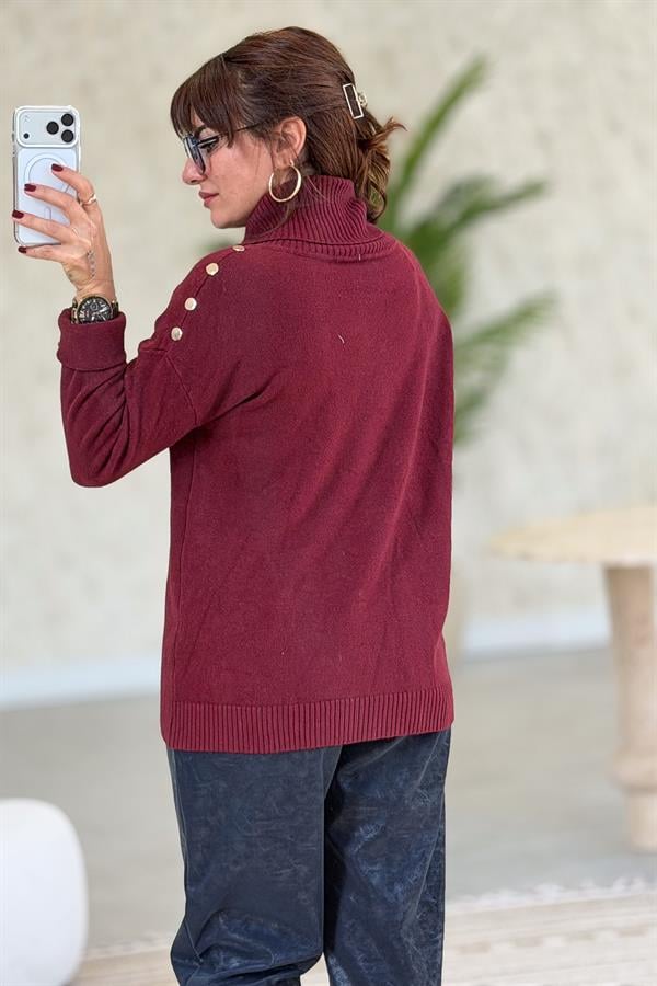 Zımba Detaylı Degaje Yaka Kazak Bordo Renk