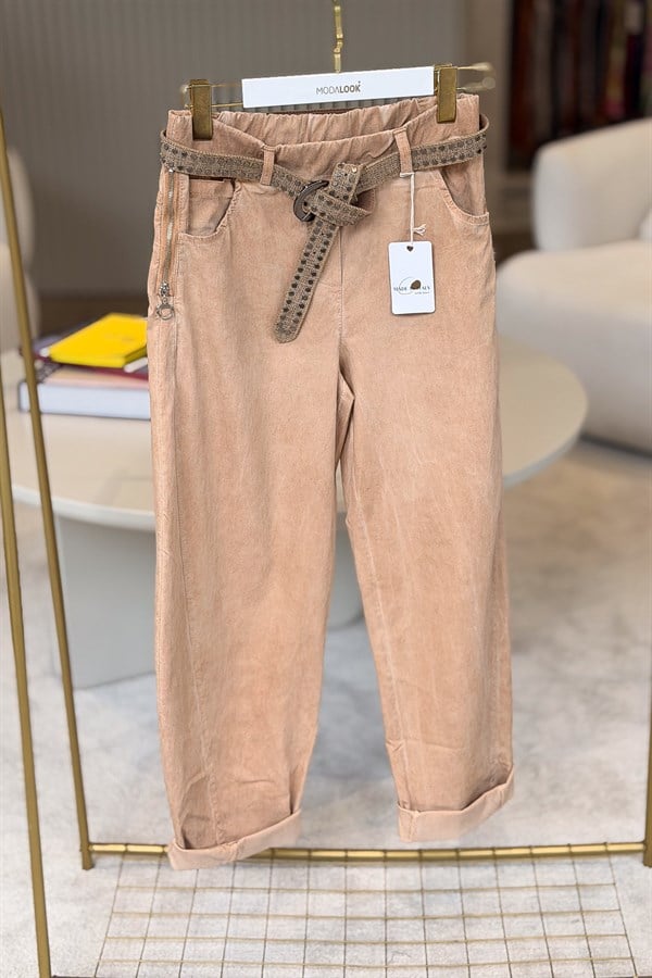 Zımba Kemerli Fermuar Detaylı Likralı Pantolon Camel Renk