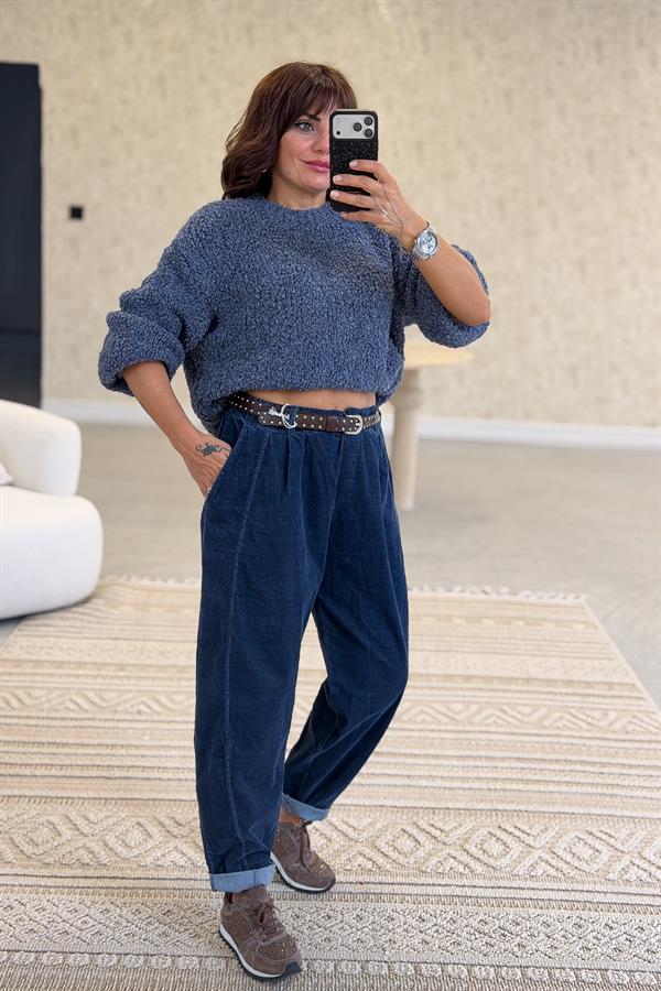 Zımba Kemerli Kadife Pantolon Lacivert Renk