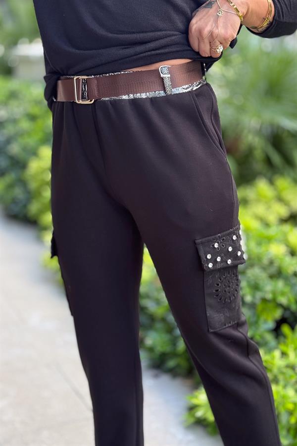 Zımba Taş Detaylı Fisto Cepli Modal Pantolon Siyah Renk