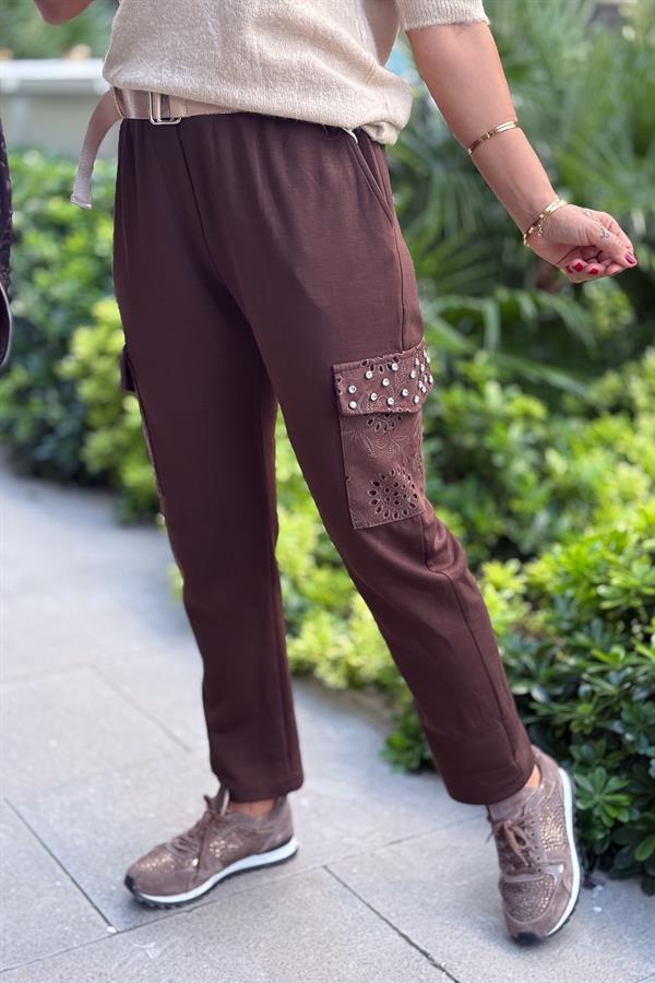 Zımba Taş Detaylı Fisto Cepli Modal Pantolon Kahverengi Renk