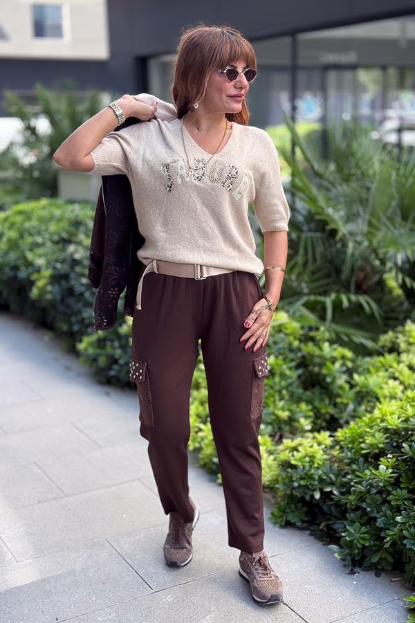 Zımba Taş Detaylı Fisto Cepli Modal Pantolon Kahverengi Renk