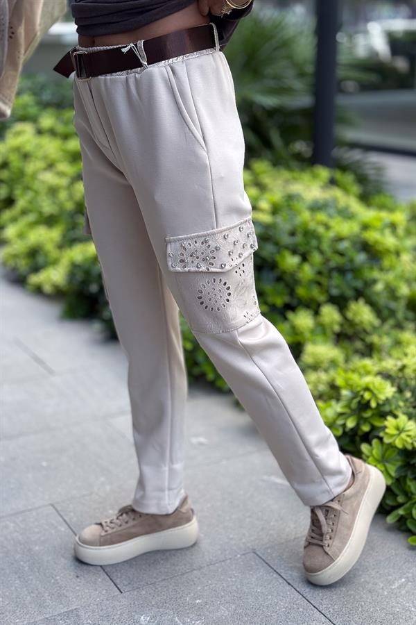 Zımba Taş Detaylı Fisto Cepli Modal Pantolon Bej Renk