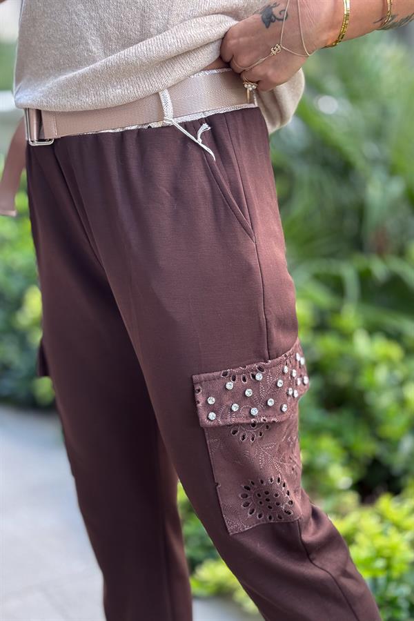 Zımba Taş Detaylı Fisto Cepli Modal Pantolon Kahverengi Renk